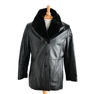 Worthington Women's Petite Leather Coat Jacket with Faux Fur Collar Black Sz PL